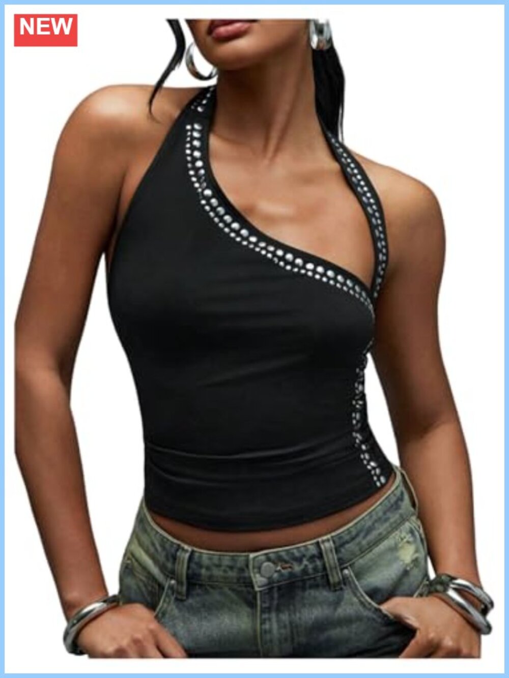 Halter Backless Studded Asymmetrical Party Tank Top Slim Fit